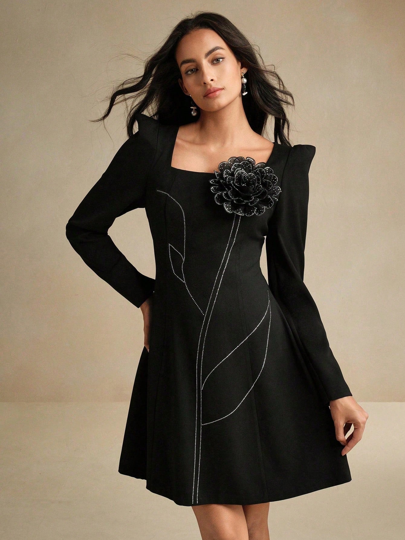 Add a touch of elegance to your wardrobe with our Rhinestone Floral Puff Sleeve Dress. Designed with a unique 3D square neck, this dress is perfect for any special occasion. The puff sleeves add a touch of whimsy while the rhinestone floral accents provide a glimmer of glamour.