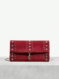 Front view of elegant riveted angola red clutch: perfect fashion accessory for valentine's day with riveted accents, clutch silhouette for party styling