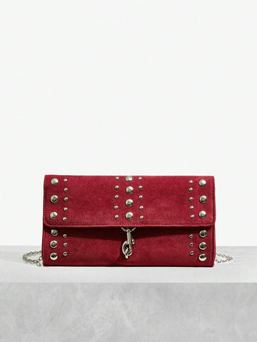 Front view of elegant riveted angola red clutch: perfect fashion accessory for valentine's day with riveted accents, clutch silhouette for party styling