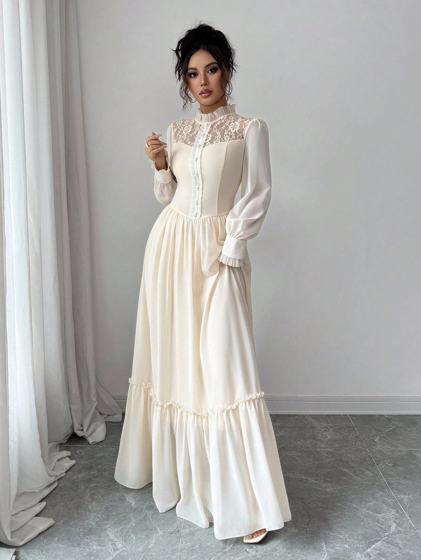 Elevate your autumn wardrobe with this enchanting high-neck lace dress that whispers romance with every twirl. Delicate pearl accents dance across the fabric, while the charming ruffle hem adds a playful flourish to your silhouette. Perfect for date nights, special occasions, or whenever you want to feel absolutely fabulous. This is the dress that makes you feel like the main character in your own love story—sophisticated, graceful, and utterly unforgettable.