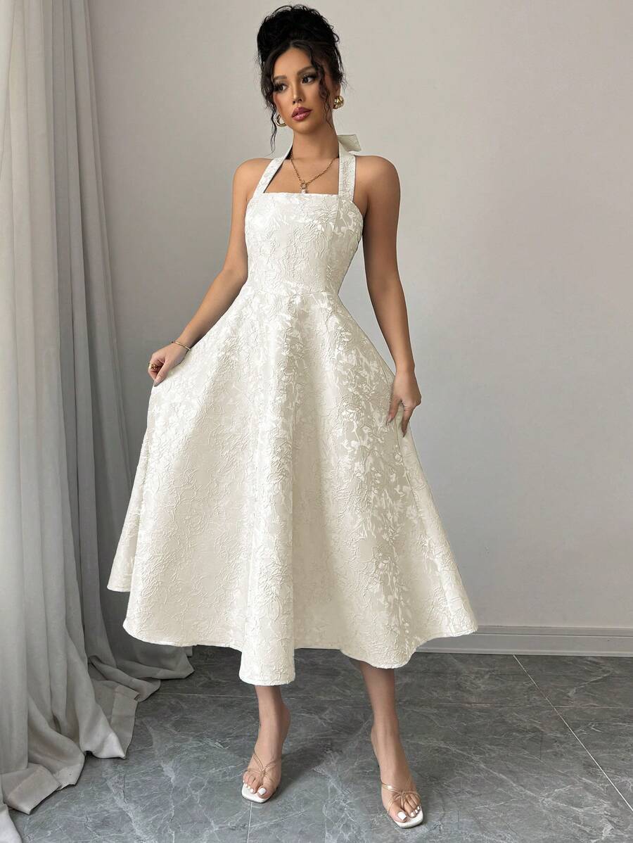 Step into charm with this Elegant Romantic Jacquard Lace-Up Flared Hem Dress. Its delicate jacquard texture and playful lace-up detail create a flirty, feminine vibe, while the flared hem adds bounce to your every move. Perfect for turning heads and spreading good vibes wherever you go!