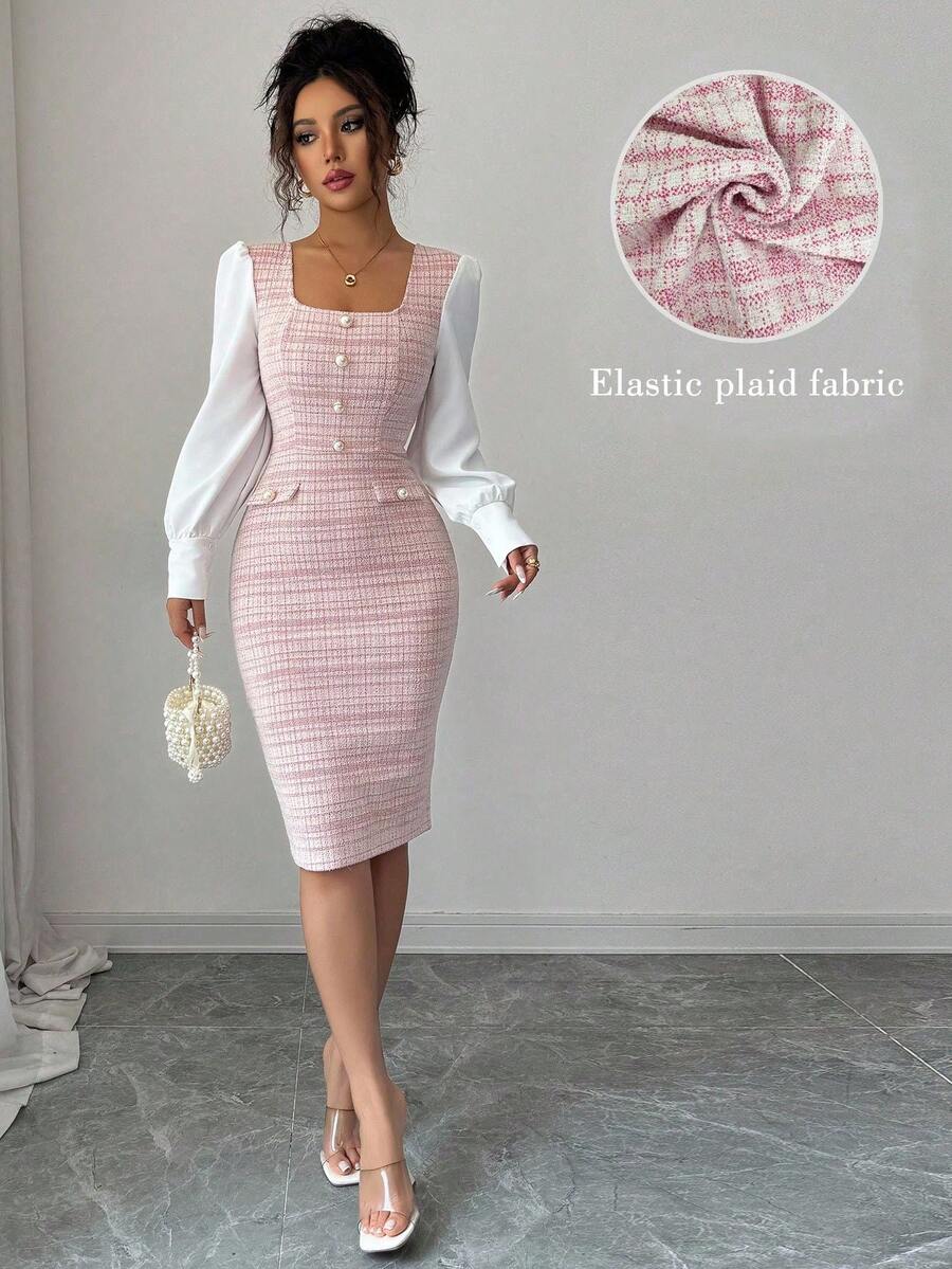 Turn heads in this stunning plaid patchwork bodycon dress that perfectly blends romance with modern edge. The flattering square neckline frames your shoulders beautifully, while the fitted silhouette hugs your curves in all the right ways. Crafted with a charming mix of plaid patterns, this dress transitions effortlessly from date night to weekend adventures. Whether you're dressing up for a special occasion or elevating your everyday style, this versatile piece delivers elegance with a playful twist. A war