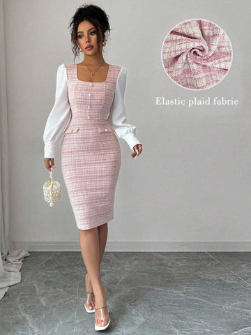 Turn heads in this stunning plaid patchwork bodycon dress that perfectly blends romance with modern edge. The flattering square neckline frames your shoulders beautifully, while the fitted silhouette hugs your curves in all the right ways. Crafted with a charming mix of plaid patterns, this dress transitions effortlessly from date night to weekend adventures. Whether you're dressing up for a special occasion or elevating your everyday style, this versatile piece delivers elegance with a playful twist. A war