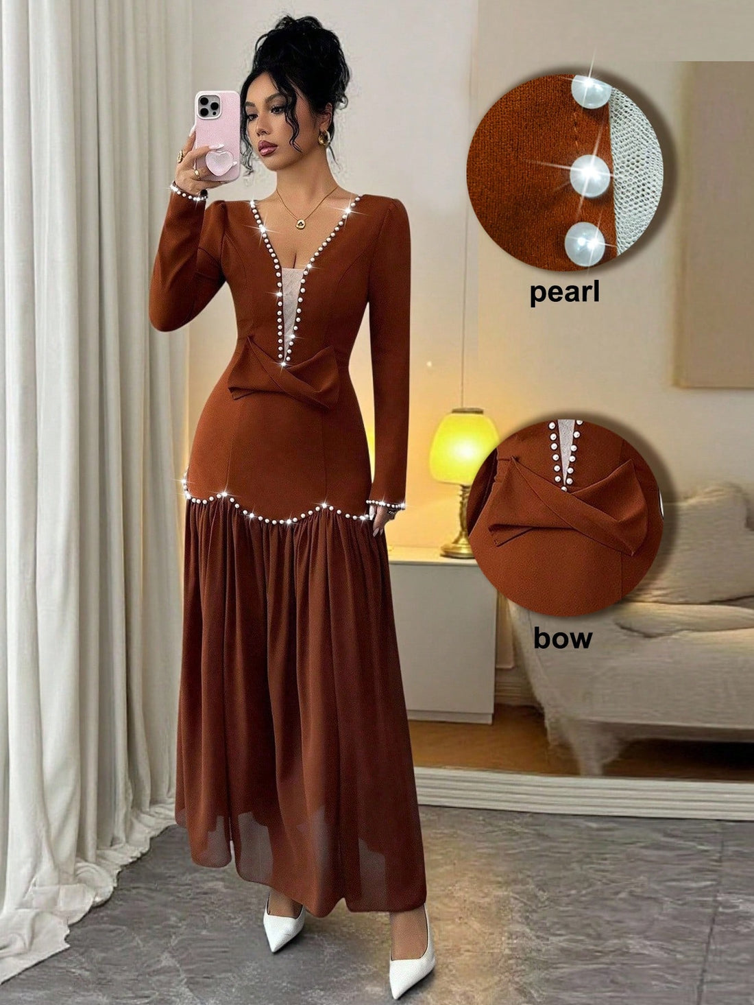Slip into pure romance with this stunning bodycon dress that's equal parts elegant and enchanting. The delicate ruffle hem adds a flirty touch, while pearl details catch the light with every move. Butterfly sleeves frame your shoulders beautifully, creating an effortlessly graceful silhouette. Perfect for date nights, special occasions, or whenever you want to feel absolutely fabulous. This dress is your go-to for turning heads and feeling confident in your own skin.