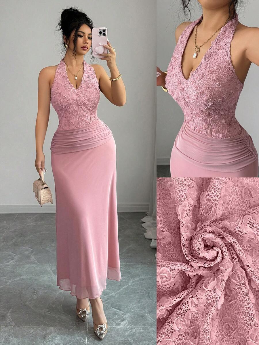 Dusty pink halter maxi dress with deep V floral lace bodice and ruched waist detail