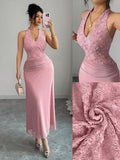 Dusty pink halter maxi dress with deep V floral lace bodice and ruched waist detail
