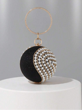 Elevate your evening look with this stunning round clutch, crafted in lustrous gold with intricate diamond detailing. Adorned with shimmering rhinestones and lustrous pearls, this sophisticated accessory catches the light beautifully and adds instant glamour to any formal ensemble. Perfect for weddings, proms, galas, and special occasions, this clutch combines timeless elegance with modern sparkle. The compact round design fits essentials while making a statement. 
