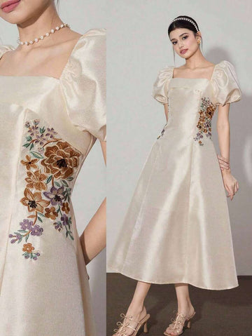 Elevate your wardrobe with this stunning sage green midi dress that's equal parts romantic and refined. The delicate floral embroidery adds a whimsical touch, while the charming puff sleeves bring that perfect dose of vintage-inspired flair. Designed to flatter and flow, this dress transitions seamlessly from brunch dates to evening gatherings. Whether you're dressing up for a special occasion or simply want to feel fabulous on an ordinary day, this piece delivers effortless elegance with a playful personal