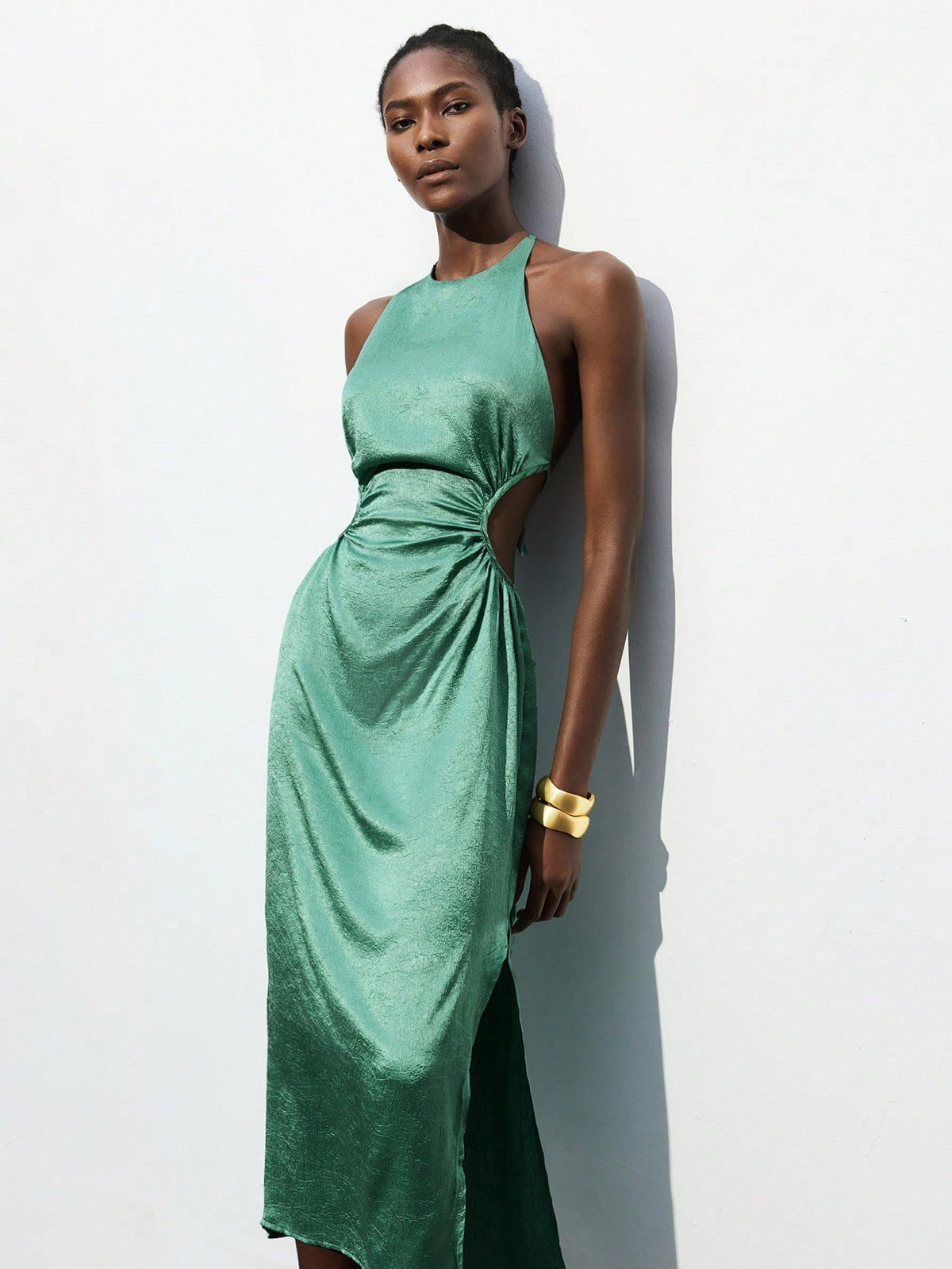 green halter backless dress Elegant Sage Ruched for Women Olive green satin