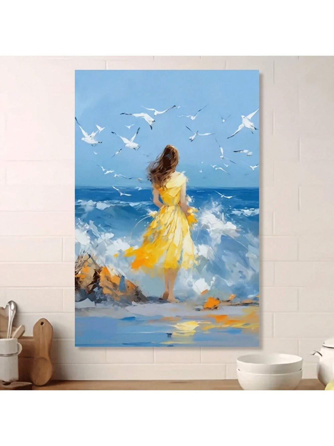 Bring a splash of sunshine indoors with this playful canvas art print featuring a woman in a yellow dress by the beach. Its frameless design adds a breezy, modern touch to any living room, bedroom, office, or cafe. Let this cheerful seaside scene brighten your space and lift your mood every day.