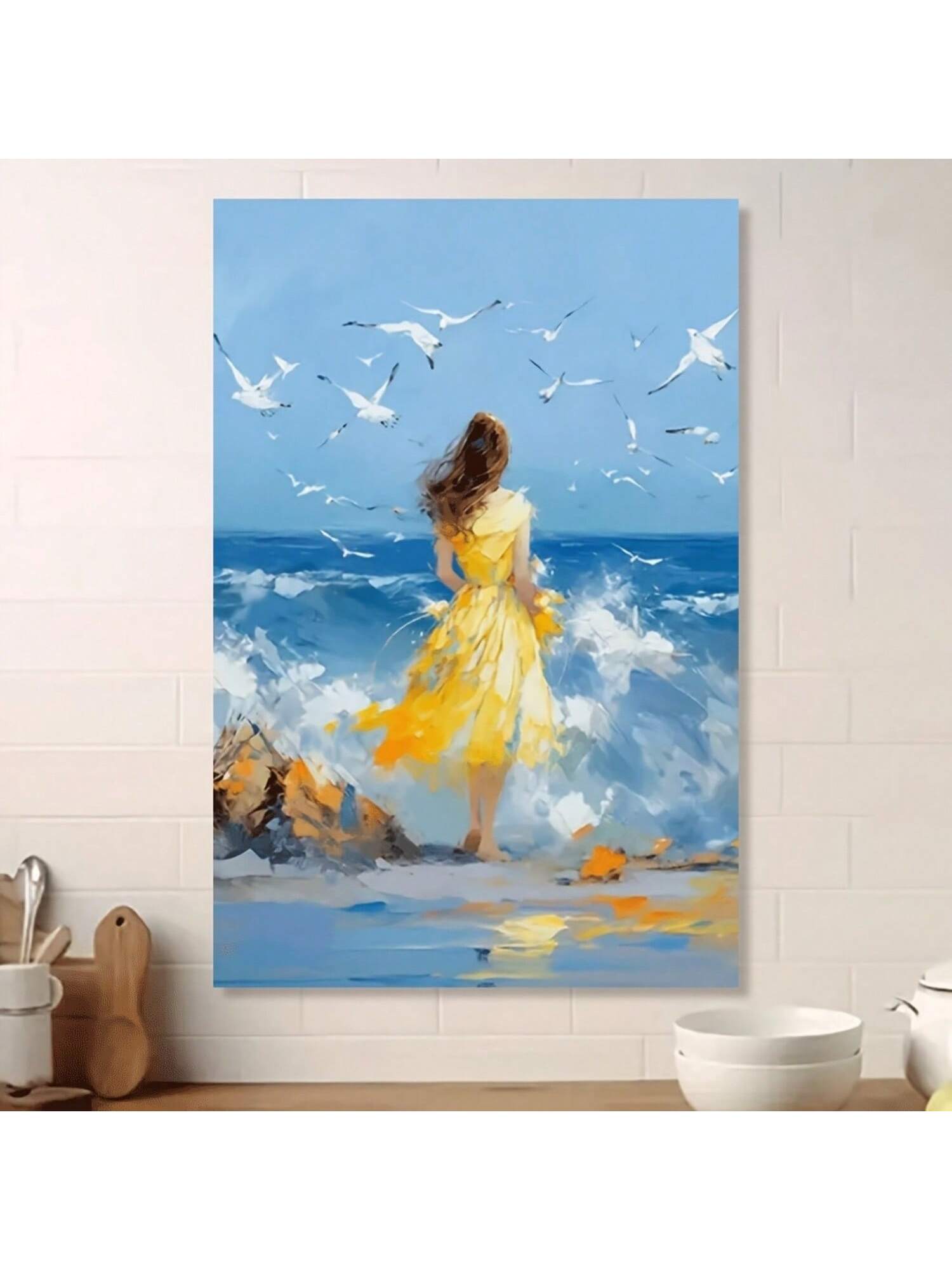 Bring a splash of sunshine indoors with this playful canvas art print featuring a woman in a yellow dress by the beach. Its frameless design adds a breezy, modern touch to any living room, bedroom, office, or cafe. Let this cheerful seaside scene brighten your space and lift your mood every day.
