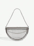 Front view of elegant semicircular pearl-chain handbag: versatile evening clutch for parties and special occasions with pearl chain, chain strap, semicircular shape for evening occasions