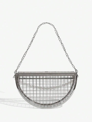 Front view of elegant semicircular pearl-chain handbag: versatile evening clutch for parties and special occasions with pearl chain, chain strap, semicircular shape for evening occasions