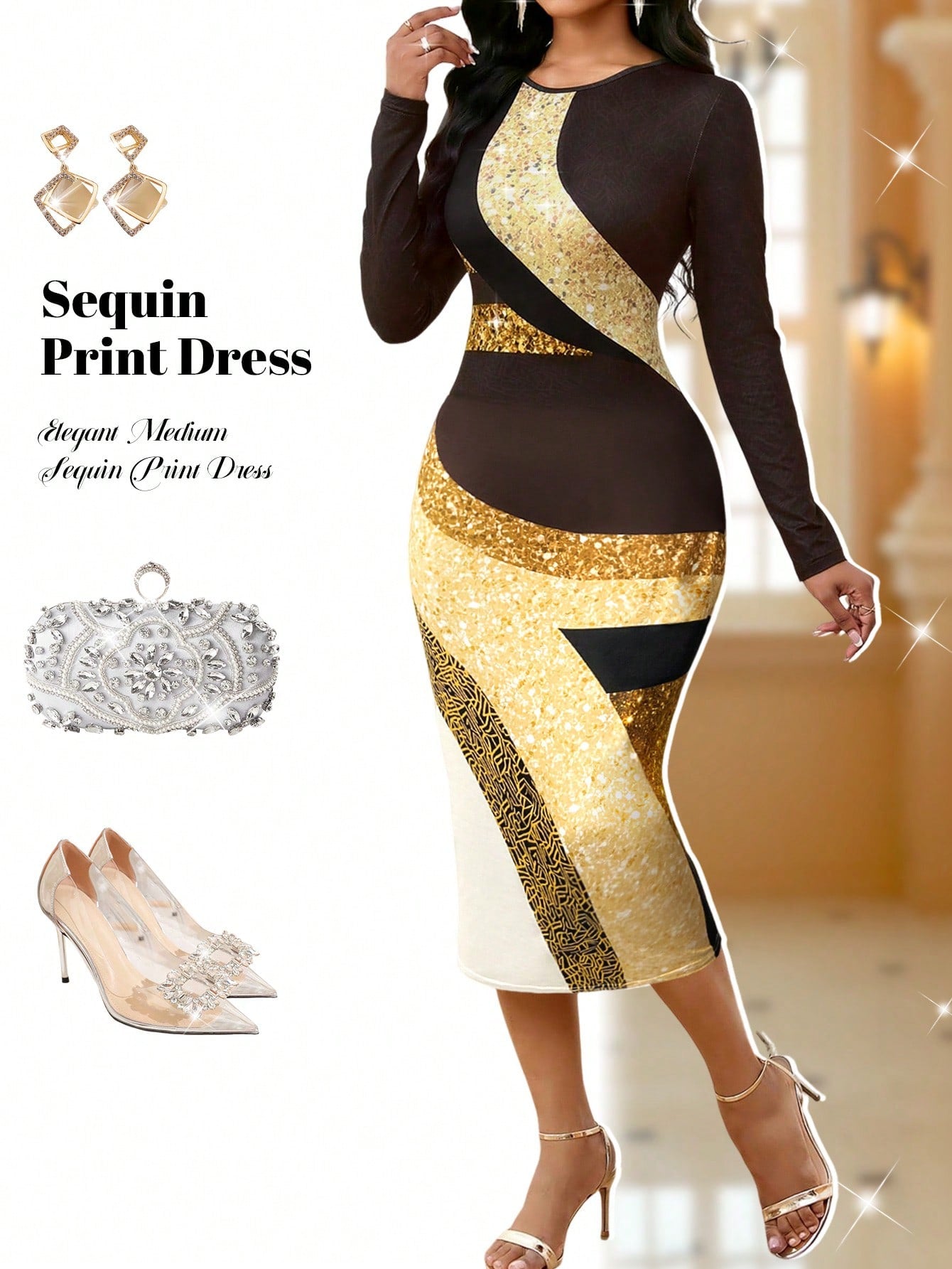 Stay chic and on-trend in our Elegant Sequin Print Long Sleeve Dress. The slim fit and crew neck style effortlessly flatter your figure, while the striking sequin print adds a touch of glamour to any occasion. Stand out from the crowd in this must-have dress.