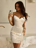 Ivory sequin strapless mini dress with sweetheart neckline and floral embellishment
