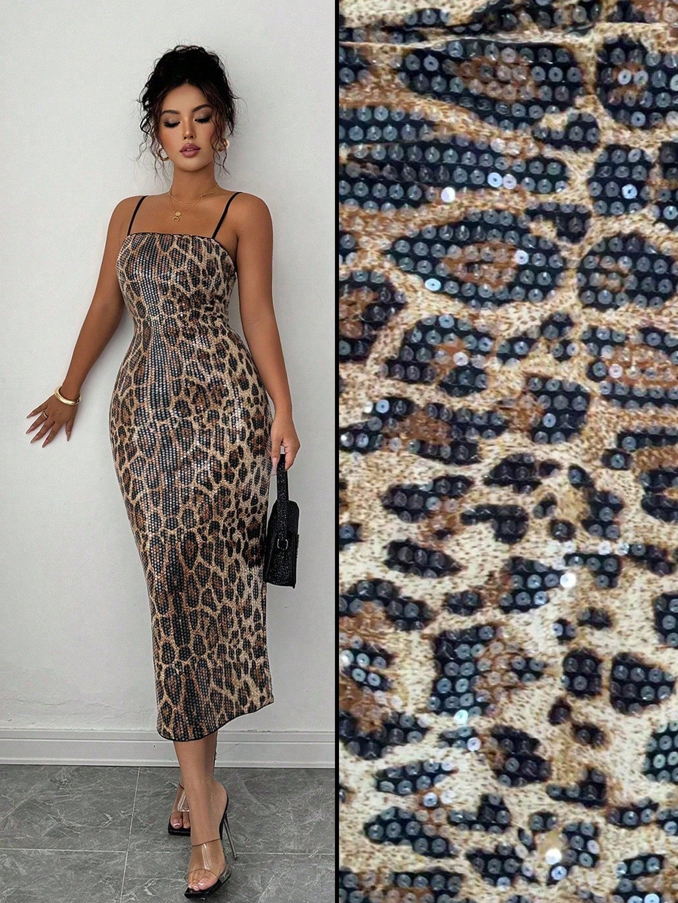 Turn heads in this playful, sleeveless bodycon dress that sparkles with sequins and flaunts a bold leopard print. Perfect for romantic nights out, its figure-hugging design highlights your curves while adding a dash of wild sophistication to your party look. Embrace the fun and fierce vibe with this stunning piece made to dazzle and delight.