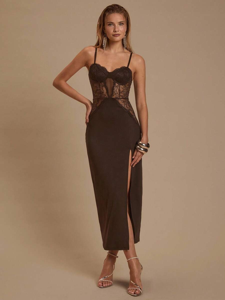 Slip into sophistication with this stunning maxi dress that's equal parts glamorous and flirty. Sheer lace panels add an alluring touch while the dramatic high slit keeps things exciting—whether you're dancing the night away at prom or turning heads at your next special event. The flowing silhouette flatters every figure, and the elegant design ensures you'll feel like the star of the show. This is the dress that makes an entrance unforgettable.