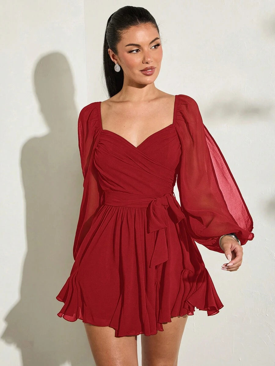 Red chiffon mini dress with sweetheart wrap bodice sheer balloon sleeves waist tie and ruffle hem