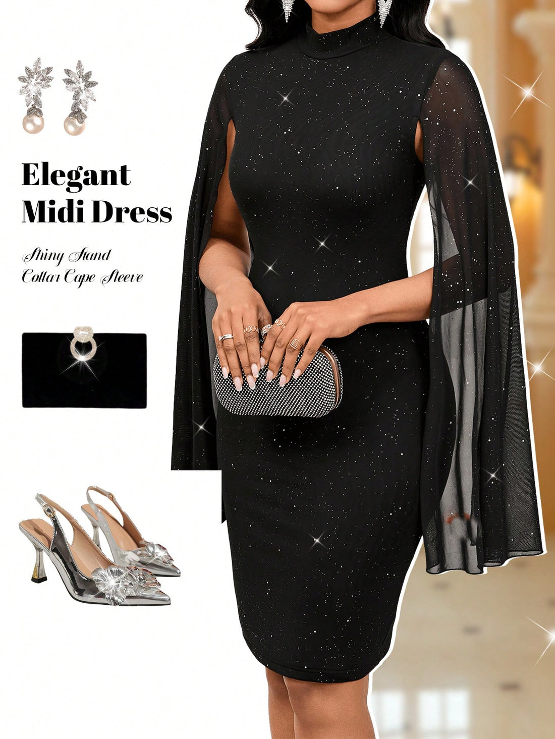 Twirl into the spotlight with our Elegant Shiny Stand Collar Cape Sleeve Midi Dress! This head-turning number combines sophisticated stand collar styling with playful cape sleeves that flutter with your every move. Perfect for making an entrance at your next soirée or adding a dash of drama to dinner dates. Part of our exclusive Lady Collection, because who said elegance can't be fun?