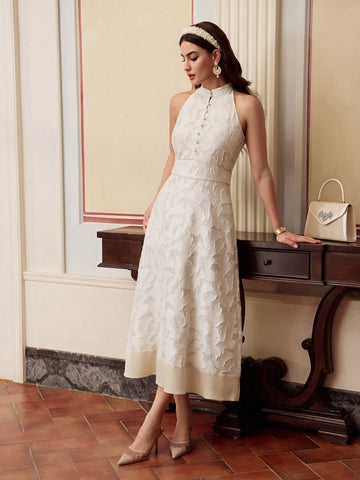 Turn heads in this playful yet elegant sleeveless jacquard midi dress. Its textured fabric adds a chic twist, while the stylish waist cinching beautifully highlights your curves for a flattering fit. Perfect for celebrations or a night out, this dress blends comfort and charm effortlessly.