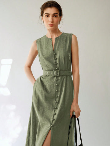 Elevate your wardrobe with this breezy sleeveless linen midi dress that's ready for whatever your day throws at you! The included belt cinches your waist just right, creating that effortlessly chic silhouette we all crave. Perfect for brunching with the girls or turning heads at summer gatherings—this dress does the styling work for you while you're busy being fabulous!