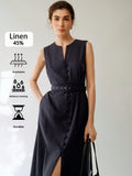 Unleash your inner fashionista with our Elegant Sleeveless Linen Midi Dress. This dress is designed for both style and comfort, making it the perfect go-to for any occasion. With its flattering cut and included belt, this dress will elevate your casual chic look. Stay effortlessly trendy with this must-have addition to your wardrobe.