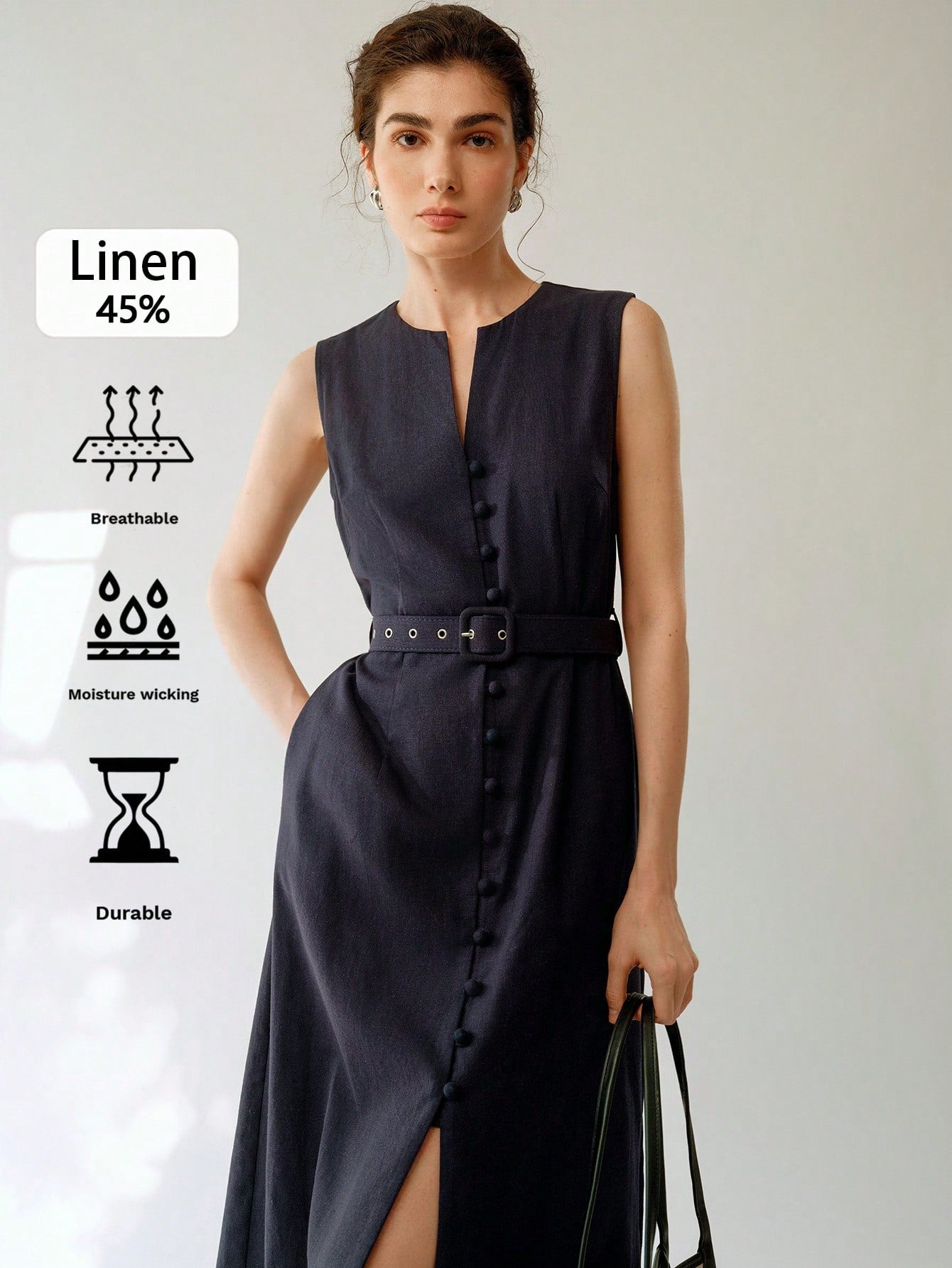 Unleash your inner fashionista with our Elegant Sleeveless Linen Midi Dress. This dress is designed for both style and comfort, making it the perfect go-to for any occasion. With its flattering cut and included belt, this dress will elevate your casual chic look. Stay effortlessly trendy with this must-have addition to your wardrobe.