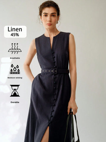 Unleash your inner fashionista with our Elegant Sleeveless Linen Midi Dress. This dress is designed for both style and comfort, making it the perfect go-to for any occasion. With its flattering cut and included belt, this dress will elevate your casual chic look. Stay effortlessly trendy with this must-have addition to your wardrobe.
