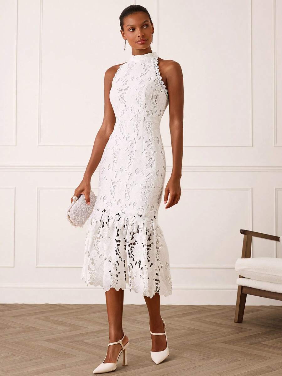 Elevate your wardrobe with this sophisticated sleeveless midi dress featuring an eye-catching hollow-out design. Crafted from 100% polyester knit fabric, this elegant piece showcases a flattering bodycon silhouette with a stand collar and flounce hem detail. The mid-waist cut and fitted construction create a polished look perfect for vacations, celebrations, and special occasions. A discreet zipper closure ensures easy wear, while the lined construction provides comfort throughout the day. Available in a wa