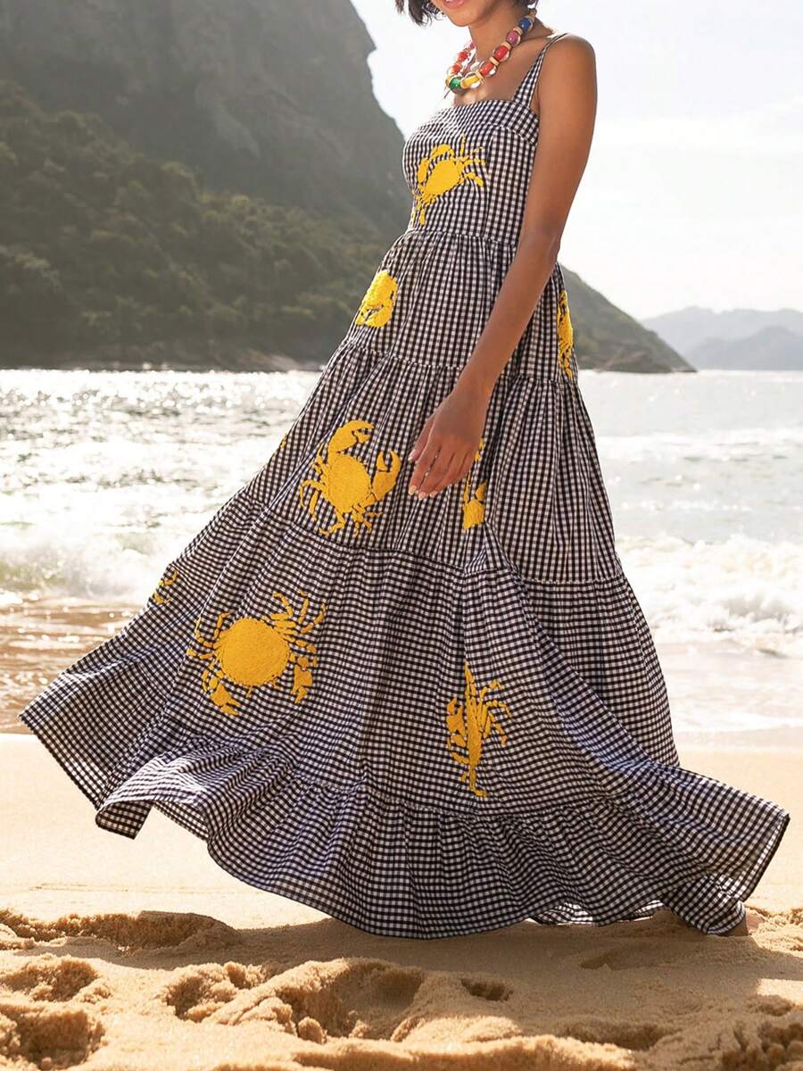 This stylish midi dress is perfect for any beach outing. Its elegant tiered design, sleeveless cut and square neck add a touch of sophistication, while the delicate embroidery gives it a fun and playful twist. Stay cool and chic in this must-have dress!