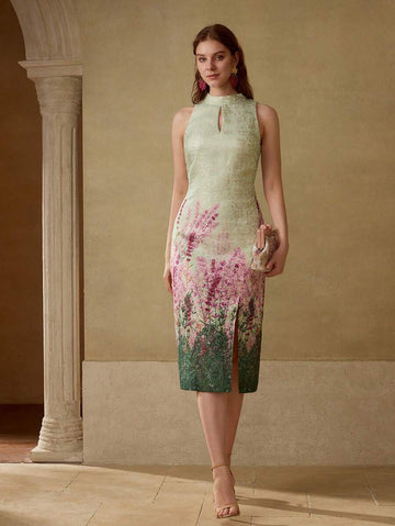 This stunning jacquard floral print dress brings timeless elegance to your formal wardrobe. The sleeveless midi silhouette features a sophisticated keyhole neckline and graceful side split for added movement and allure. Crafted from 100% polyester with a fully lined interior, the fitted design flatters your figure while maintaining a polished, refined appearance. Perfect for evening events, celebrations, and special occasions. The non-stretch woven fabric ensures a structured look, while the natural waistli