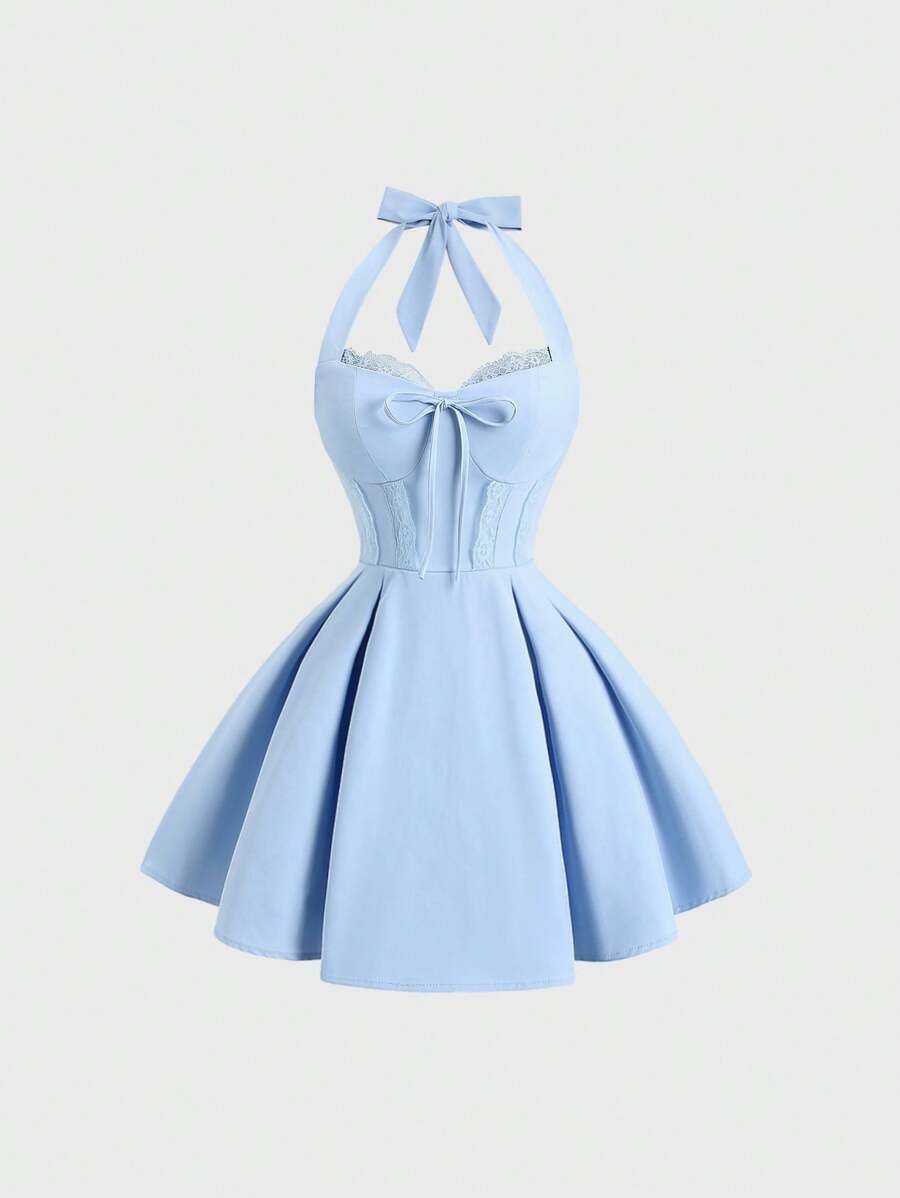 Front view of baby blue corset bodice halter mini dress with flared skirt