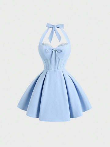 Front view of baby blue corset bodice halter mini dress with flared skirt