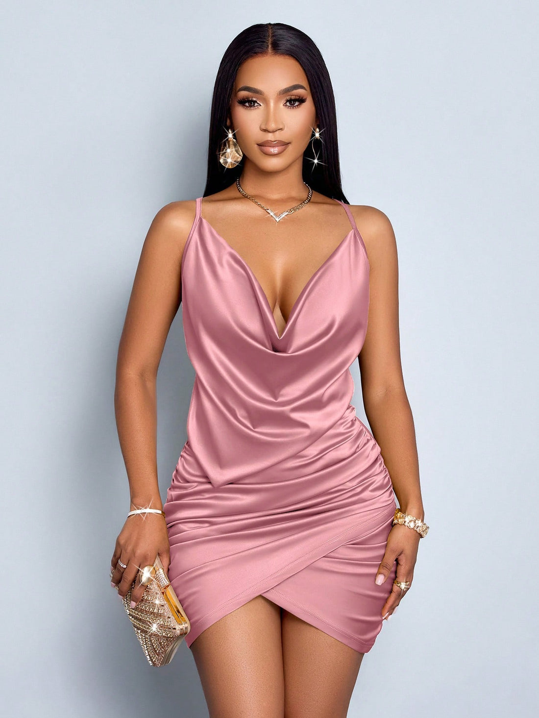Turn heads at any party with this elegant satin bodycon dress. Its solid color and ruched detailing create a flattering silhouette, while the backless design adds a daring touch. Perfect for dancing the night away in style and comfort!