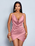 Turn heads at any party with this elegant satin bodycon dress. Its solid color and ruched detailing create a flattering silhouette, while the backless design adds a daring touch. Perfect for dancing the night away in style and comfort!