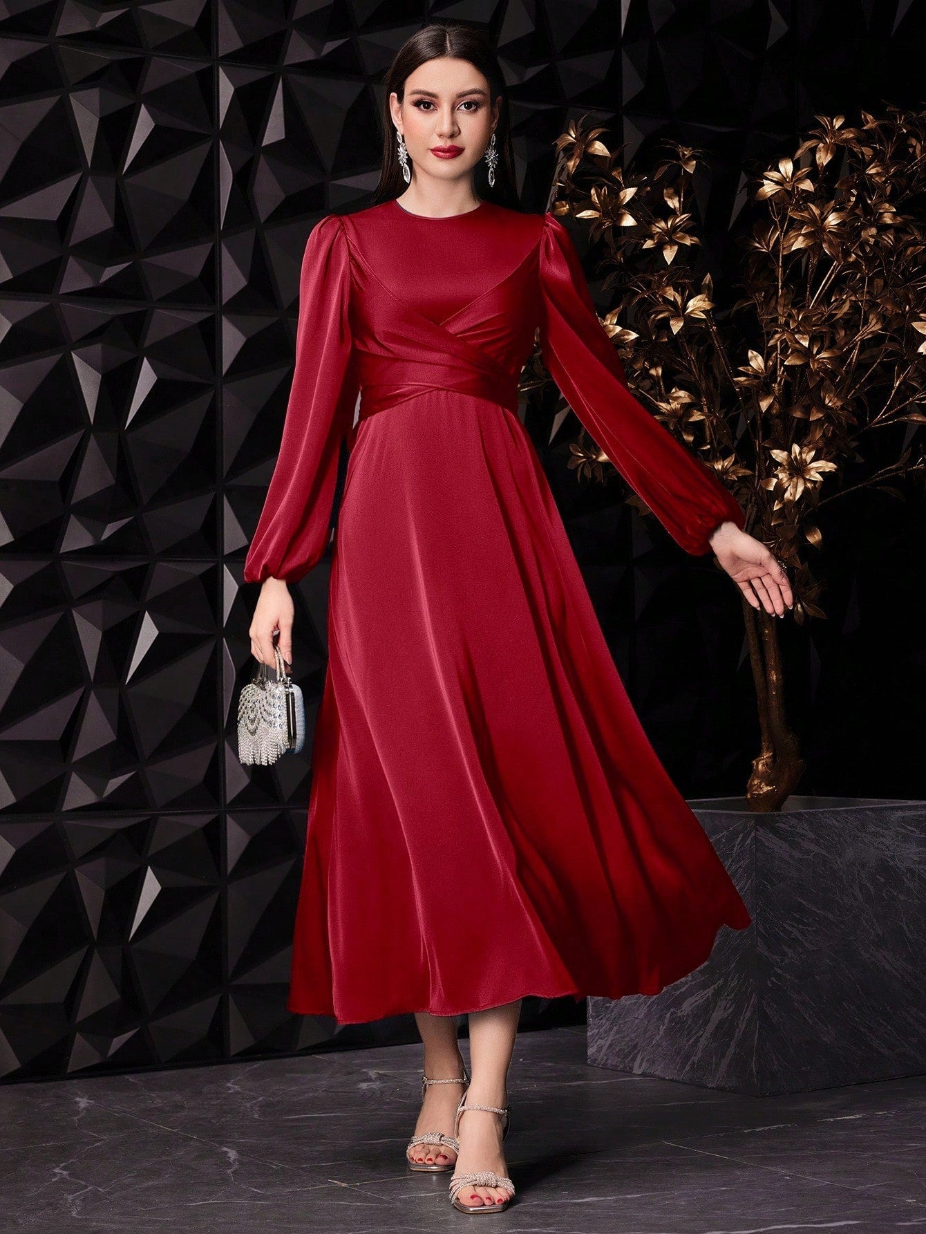 Elegant Solid Color Lantern Sleeve Maxi Dress
