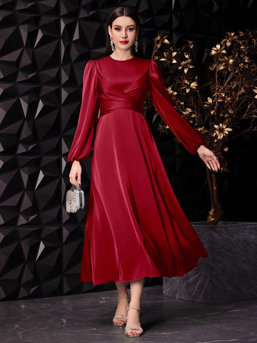 Elegant Solid Color Lantern Sleeve Maxi Dress