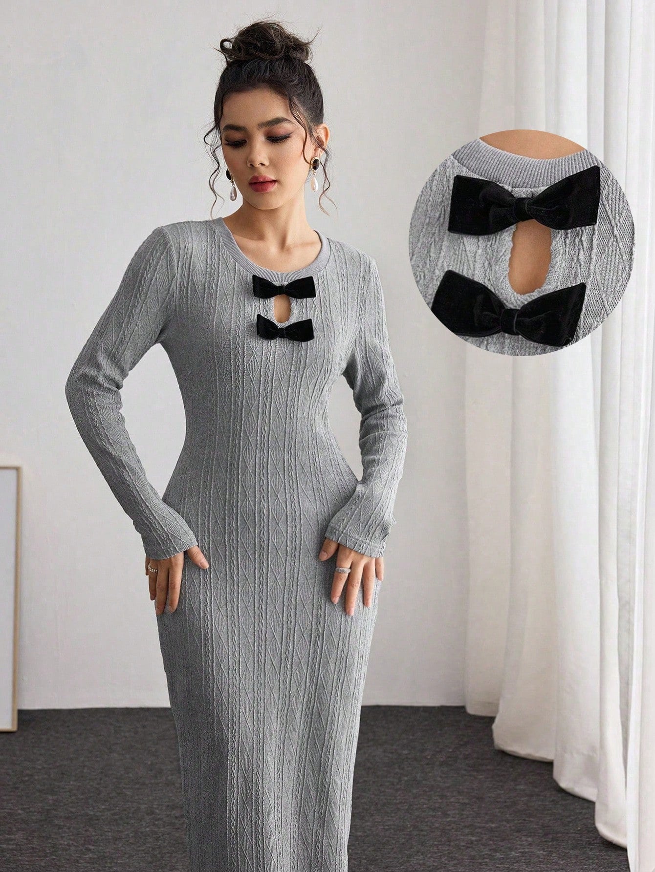 Feel elegant and stylish in our Solid Color Maxi Dress with Bow Detailing. This dress is perfect for any evening occasion with its fitted design and long sleeves. The bow detailing adds a touch of whimsy to your outfit. Dress to impress with this versatile and chic dress!