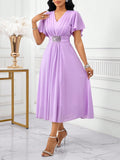 Step into summer celebrations with this Elegant Solid Color V-Neck Ruffle Sleeve Dress, designed to make you the star guest! Its playful ruffle sleeves add just the right flair, while the flattering V-neck keeps things chic and breezy. Perfectly tailored for weddings, this dress combines comfort with style so you can dance the night away with ease and grace.