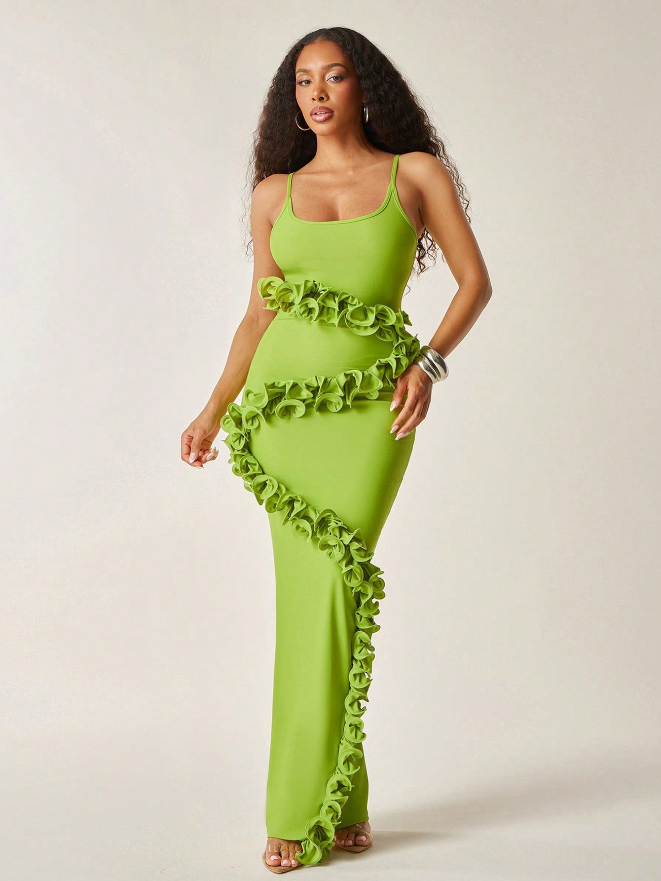 Step into summer with this Elegant Solid Jersey Midi Dress, featuring playful cascading ruffles that add a flirty twist to your look. Crafted from soft, breathable jersey fabric, it keeps you comfortable while turning heads. Perfect for sunny days and warm evenings, this dress effortlessly blends style and ease for your go-to summer outfit.