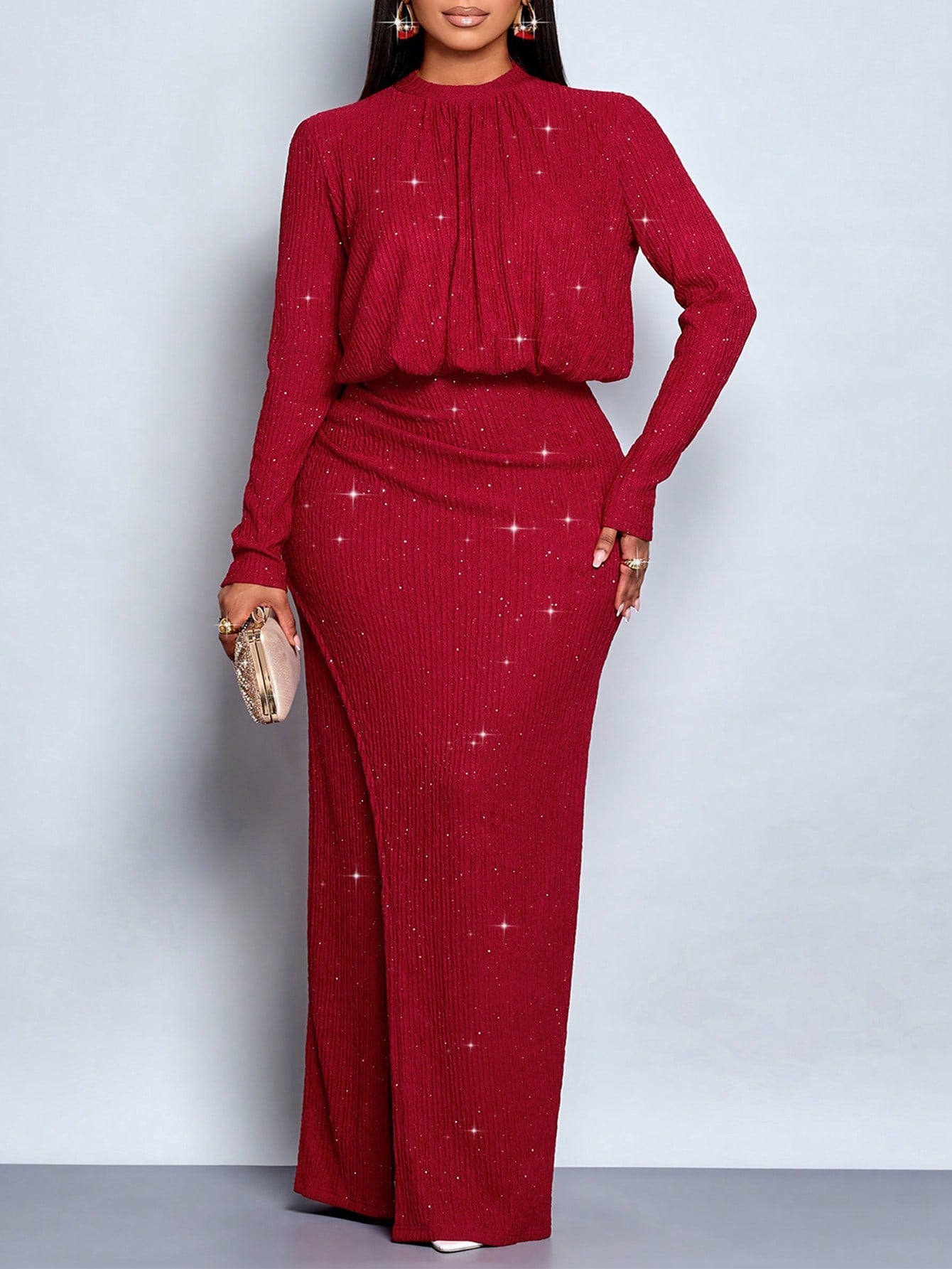 Shimmer into the season with this show-stopping sparkly bodycon maxi dress! The sleek mock neck and form-fitting silhouette create an effortlessly chic look, while all-over sequins catch the light with every move. Whether you're dancing at a holiday party or sipping cocktails on a winter getaway, this dress delivers glamour and confidence in one stunning package. The maxi length keeps things elegant and sophisticated, making it your go-to for any festive occasion that calls for a little extra sparkle.