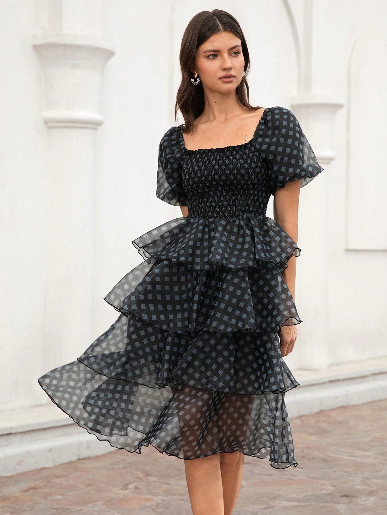 Float into spring and summer with this playful, elegant A-line dress featuring a charming square collar and delicate puff sleeves crafted from airy organza. The subtle check pattern adds a touch of whimsy, making it perfect for sunny days and breezy evenings. Whether you’re strolling through a garden party or enjoying a casual outing, this dress blends comfort and style effortlessly.