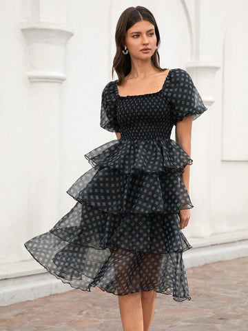 Float into spring and summer with this playful, elegant A-line dress featuring a charming square collar and delicate puff sleeves crafted from airy organza. The subtle check pattern adds a touch of whimsy, making it perfect for sunny days and breezy evenings. Whether you’re strolling through a garden party or enjoying a casual outing, this dress blends comfort and style effortlessly.