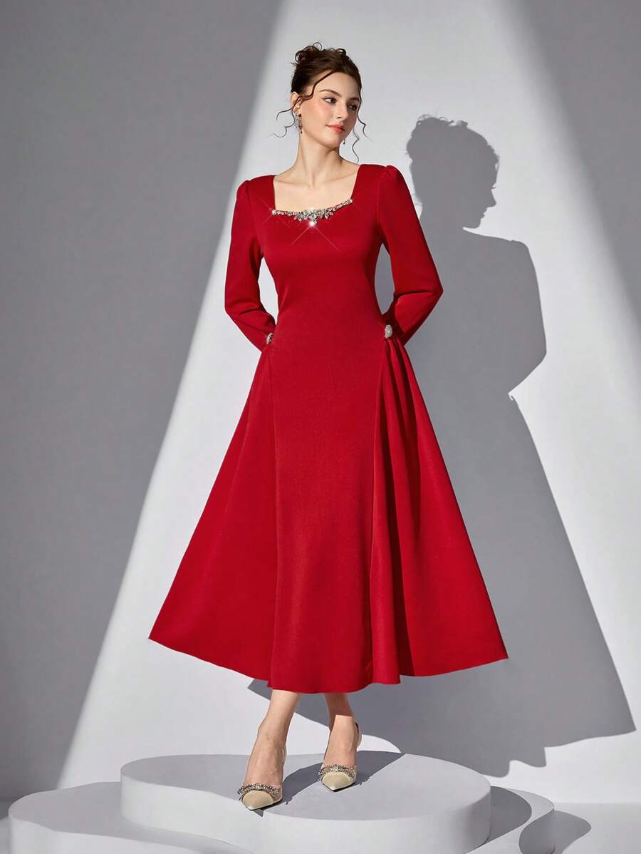 Elevate your evening wardrobe with this sophisticated square neck dress, designed for the modern woman who appreciates refined elegance. The structured puff sleeves add dimensional interest while the pleated skirt creates graceful movement and flattering silhouette. Perfect for cocktail events, dinner parties, or upscale gatherings, this piece balances contemporary style with timeless appeal. The square neckline frames the shoulders beautifully, while premium construction ensures lasting quality and comfort