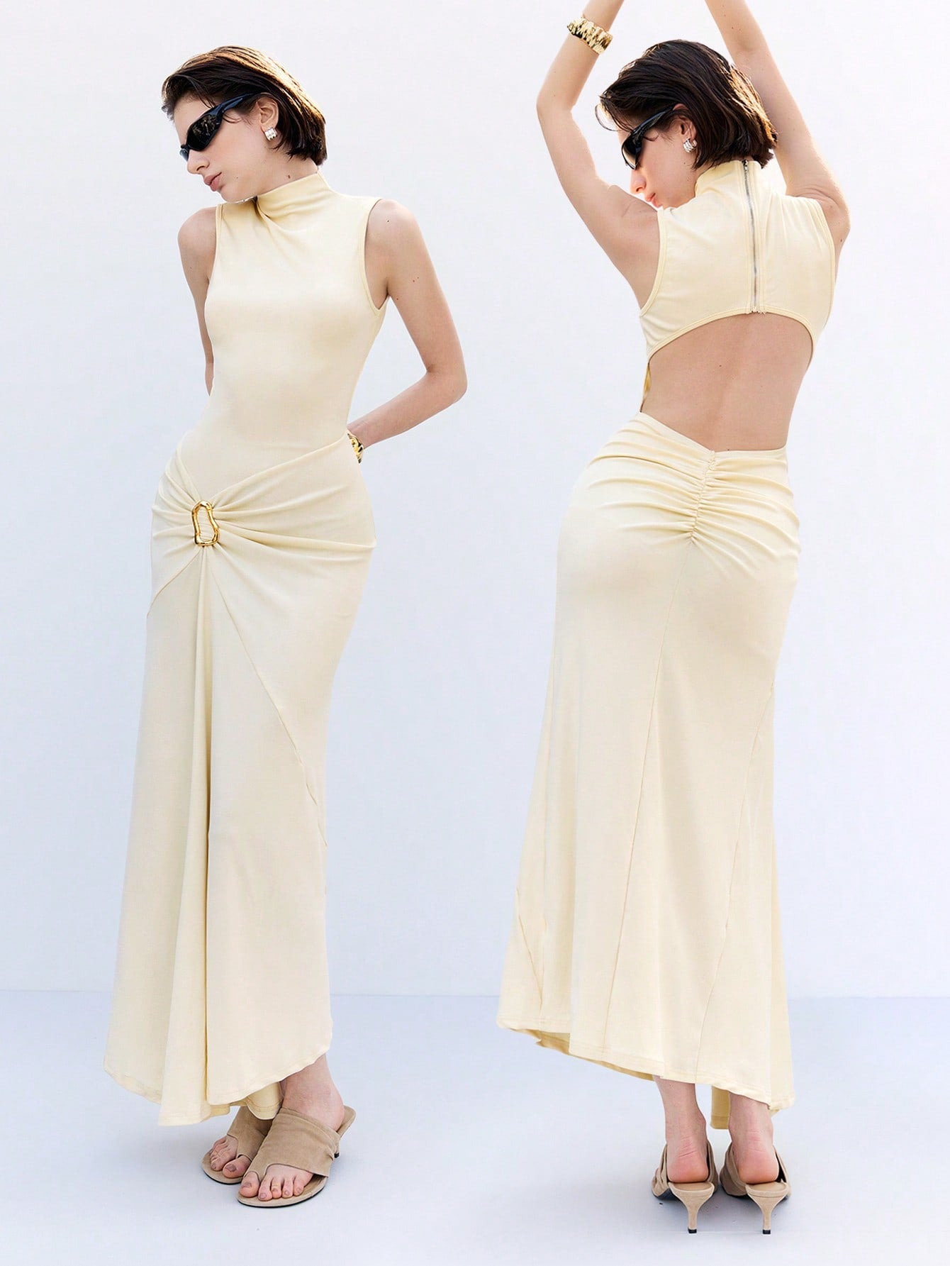 Step into sunshine with this playful cream yellow long skirt, adorned with charming starfish metal accents. Its backless design keeps you cool and flirty, making it the perfect choice for spring and summer days. Whether you're strolling the beach or dancing at a garden party, this skirt adds a breezy, elegant touch to your wardrobe.