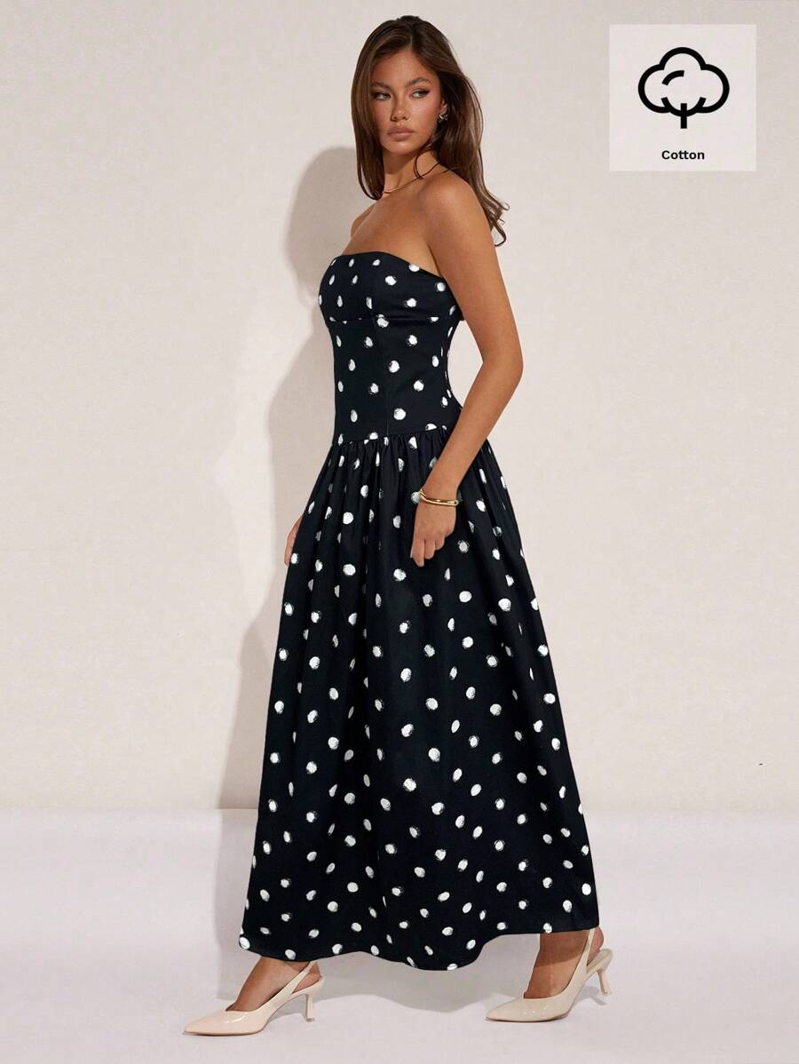 Effortless elegance meets playful style with this strapless polka dot summer dress. The sweetheart neckline and fitted bodice create a flattering silhouette, while the flowing skirt offers comfort and movement. Perfect for beach getaways, garden parties, or casual summer outings. Lightweight fabric keeps you cool in warm weather, and the timeless polka dot pattern pairs easily with sandals, hats, and accessories. A versatile wardrobe essential that transitions from day to evening with minimal effort.