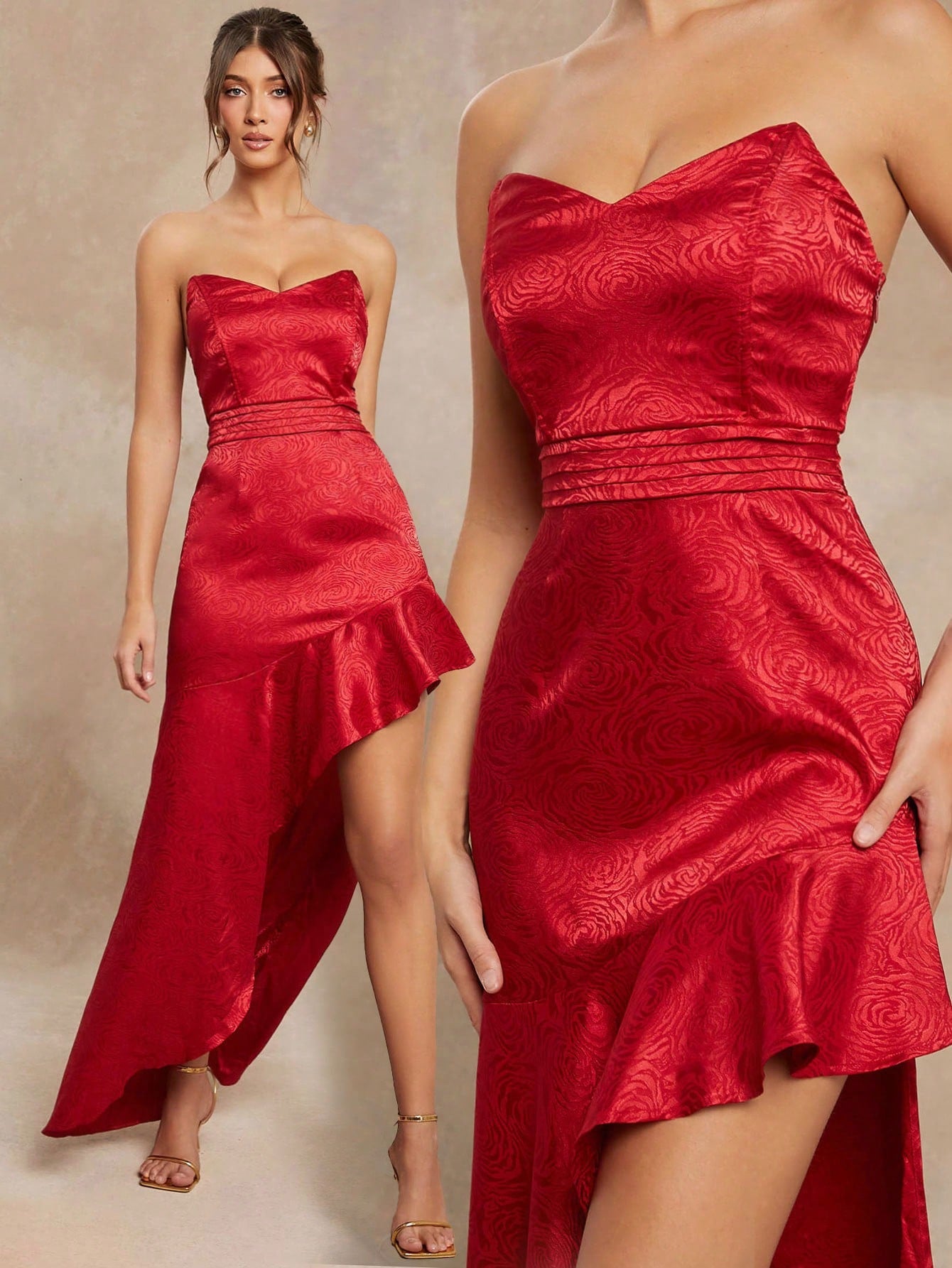 This elegant strapless satin jacquard dress is perfect for any occasion. The ruffle high-low design adds a touch of sophistication, while the jacquard fabric exudes luxury. Stand out in style and make a statement at any event. Elevate your wardrobe with this must-have dress!