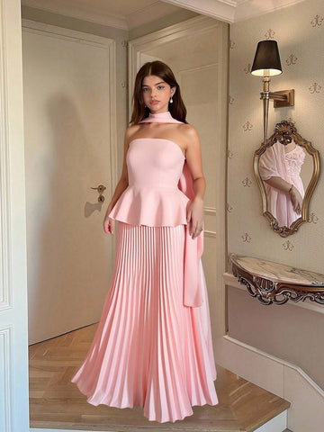 Turn heads with this Elegant Strapless Satin Midi Dress, designed to dazzle! The smooth satin fabric glides over your silhouette, while the sash detail cinches your waist for a flirty, feminine finish. Pleated accents add a fun twist to a classic cut, making this dress perfect for your next party or night out. Feel confident, chic, and ready to dance the night away!