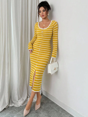 Front full view of mustard and white striped rib-knit midi dress with scoop neck and gold button front