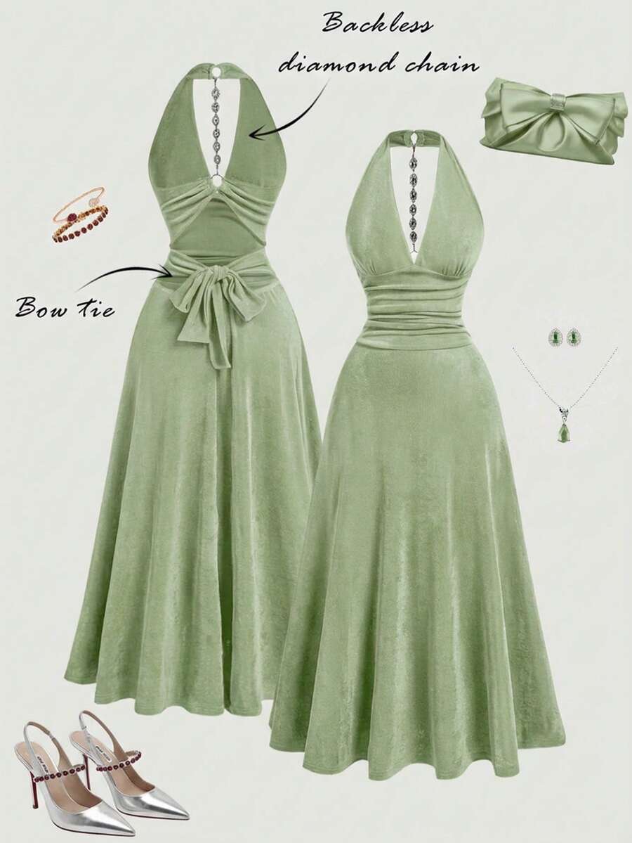 Sage green backless halter midi dress with plunging neckline and chain detail